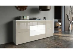 Vladon Cajonera Rova, Cómoda con 4 Puertas y 4 cajones, Blanco mate/Gris arena de alto brillo (166 x 72 x 35 cm)