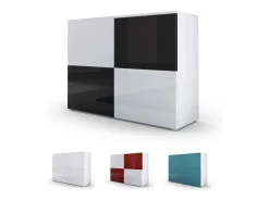 Vladon Cajonera Rova, Cómoda con 4 Puertas, Blanco mate/Blanco de alto brillo/Hormigón oxidado (92 x 72 x 35 cm)