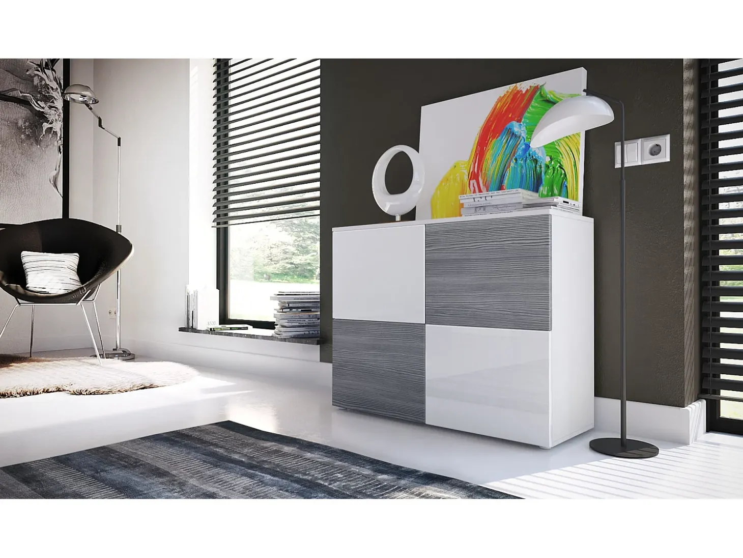 Vladon Cajonera Rova, Cómoda con 4 Puertas, Blanco mate/Blanco de alto brillo/Avola Antracita (92 x 72 x 35 cm)