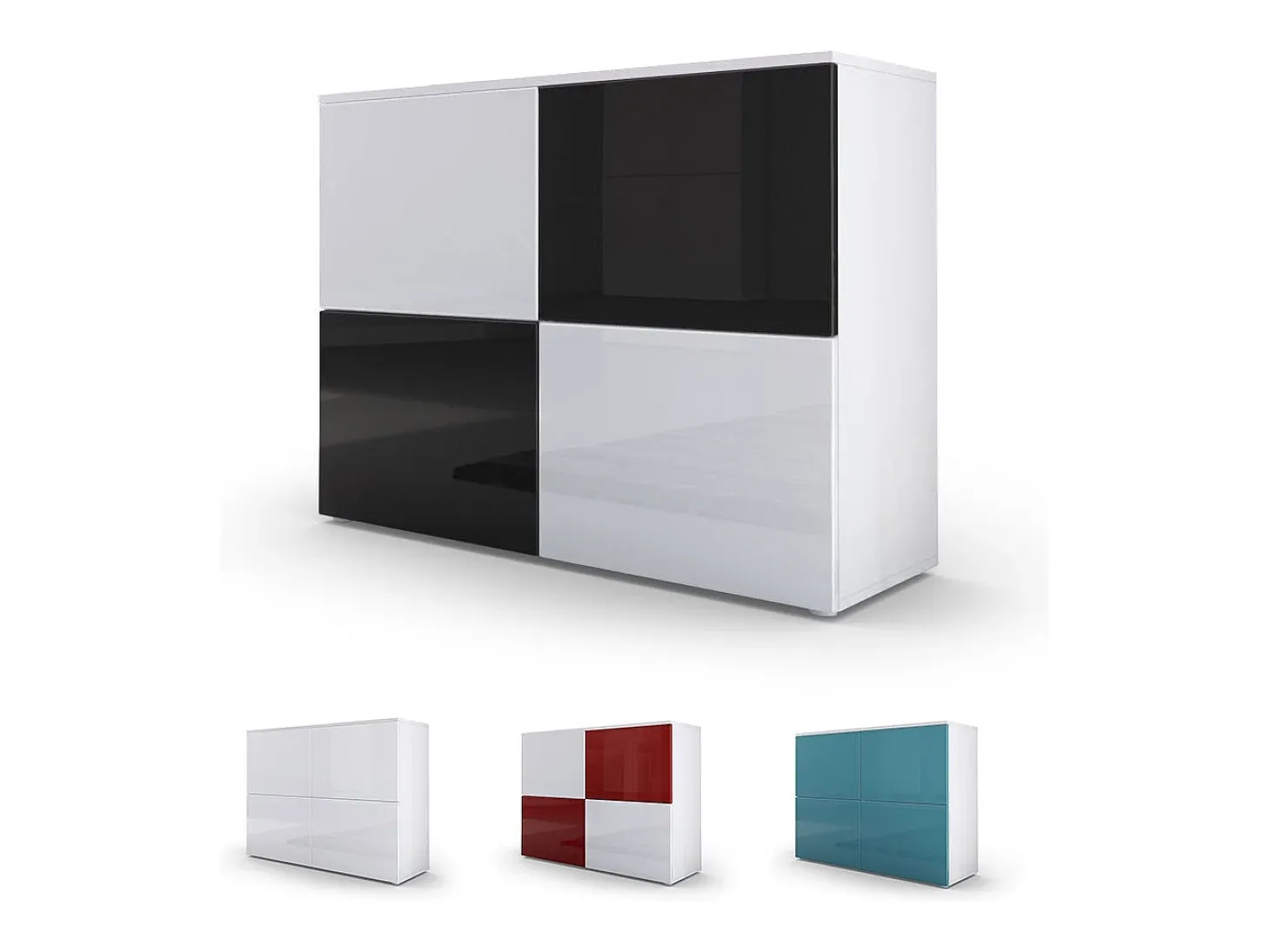 Vladon Cajonera Rova, Cómoda con 4 Puertas, Blanco mate/Gris arena de alto brillo (92 x 72 x 35 cm)