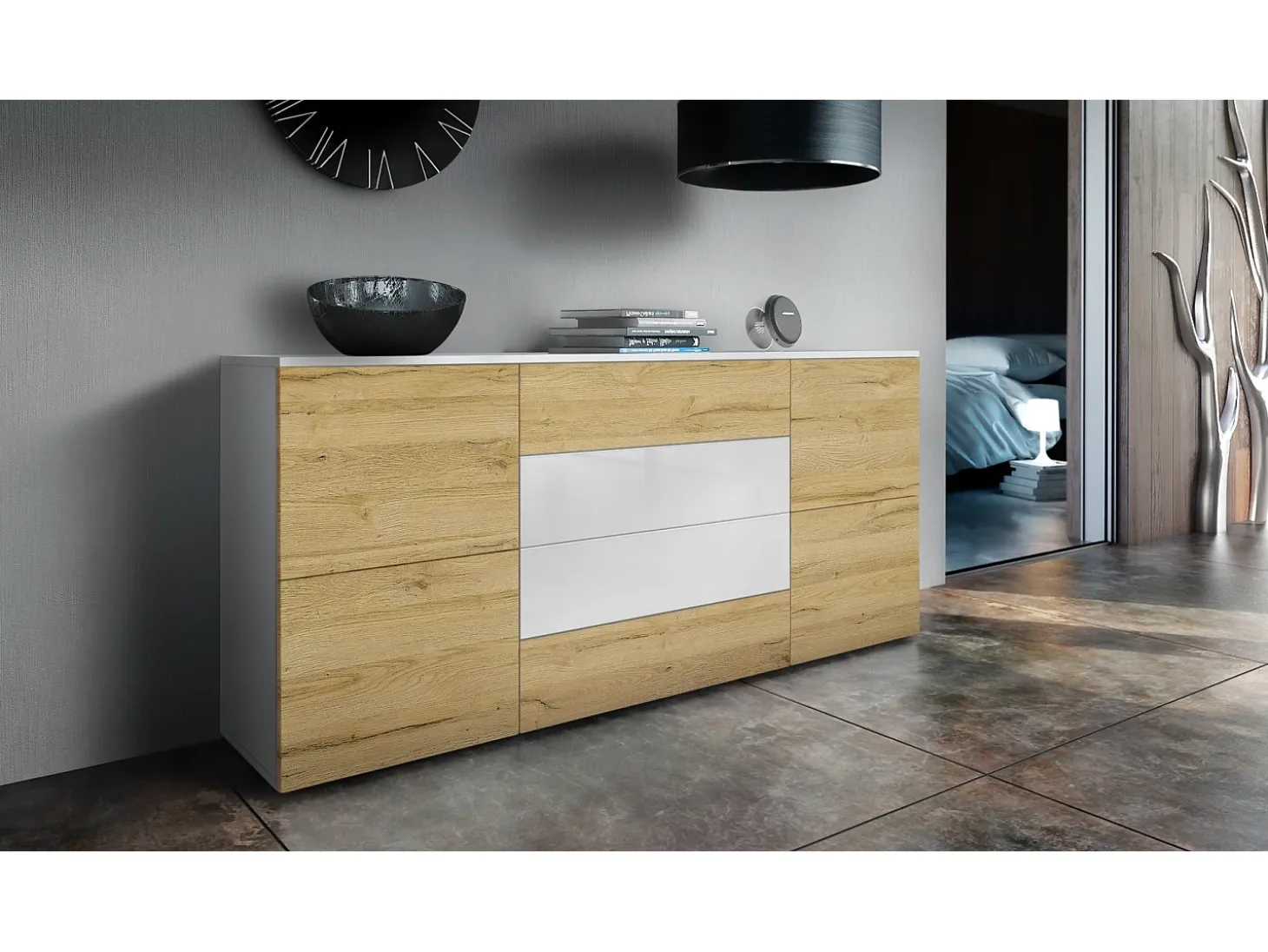 Vladon Cajonera Rova, Cómoda con 4 Puertas y 4 cajones, Blanco mate/Roble natural (166 x 72 x 35 cm)