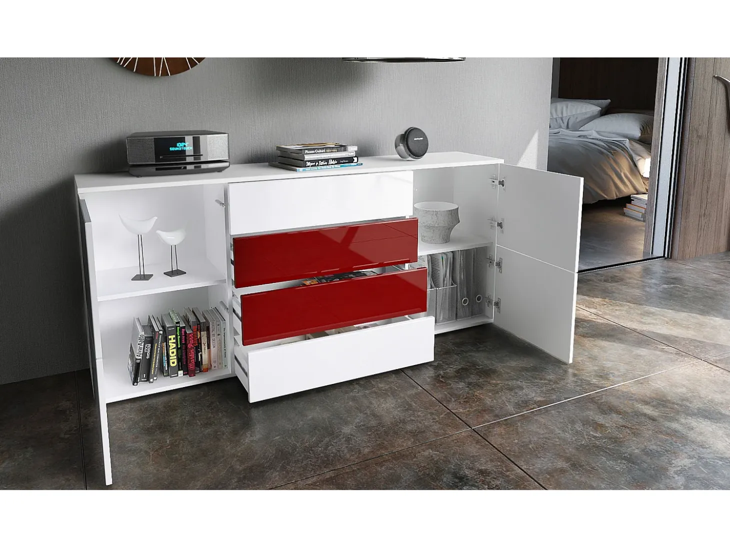 Vladon Cajonera Rova, Cómoda con 4 Puertas y 4 cajones, Blanco mate/Roble natural (166 x 72 x 35 cm)