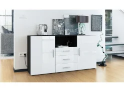 Vladon Cajonera Skadu, Cómoda con 2 Puertas, 3 Cajones y 1 Compartimento abierto, negro mate/blanco de alto brillo (138,5 x 71,5 x 35 cm)