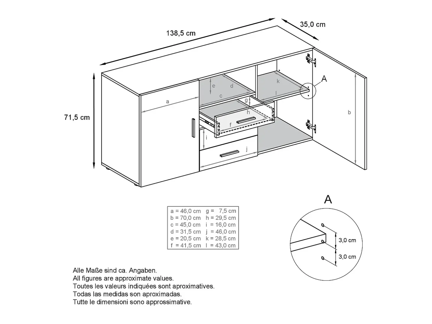 Vladon Cajonera Skadu, Cómoda con 2 Puertas, 3 Cajones y 1 Compartimento abierto, blanco mate/gris arena de alto brillo (139 x 72 x 35 cm)