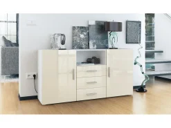 Vladon Cajonera Skadu, Cómoda con 2 Puertas, 3 Cajones y 1 Compartimento abierto, blanco mate/crema de alto brillo (139 x 72 x 35 cm)