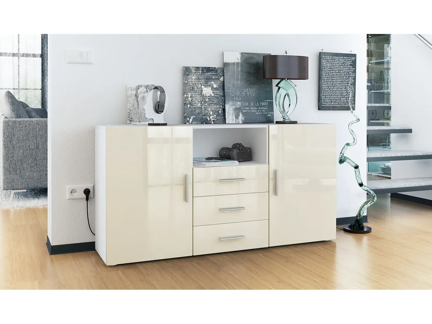 Vladon Cajonera Skadu, Cómoda con 2 Puertas, 3 Cajones y 1 Compartimento abierto, blanco mate/crema de alto brillo (139 x 72 x 35 cm)