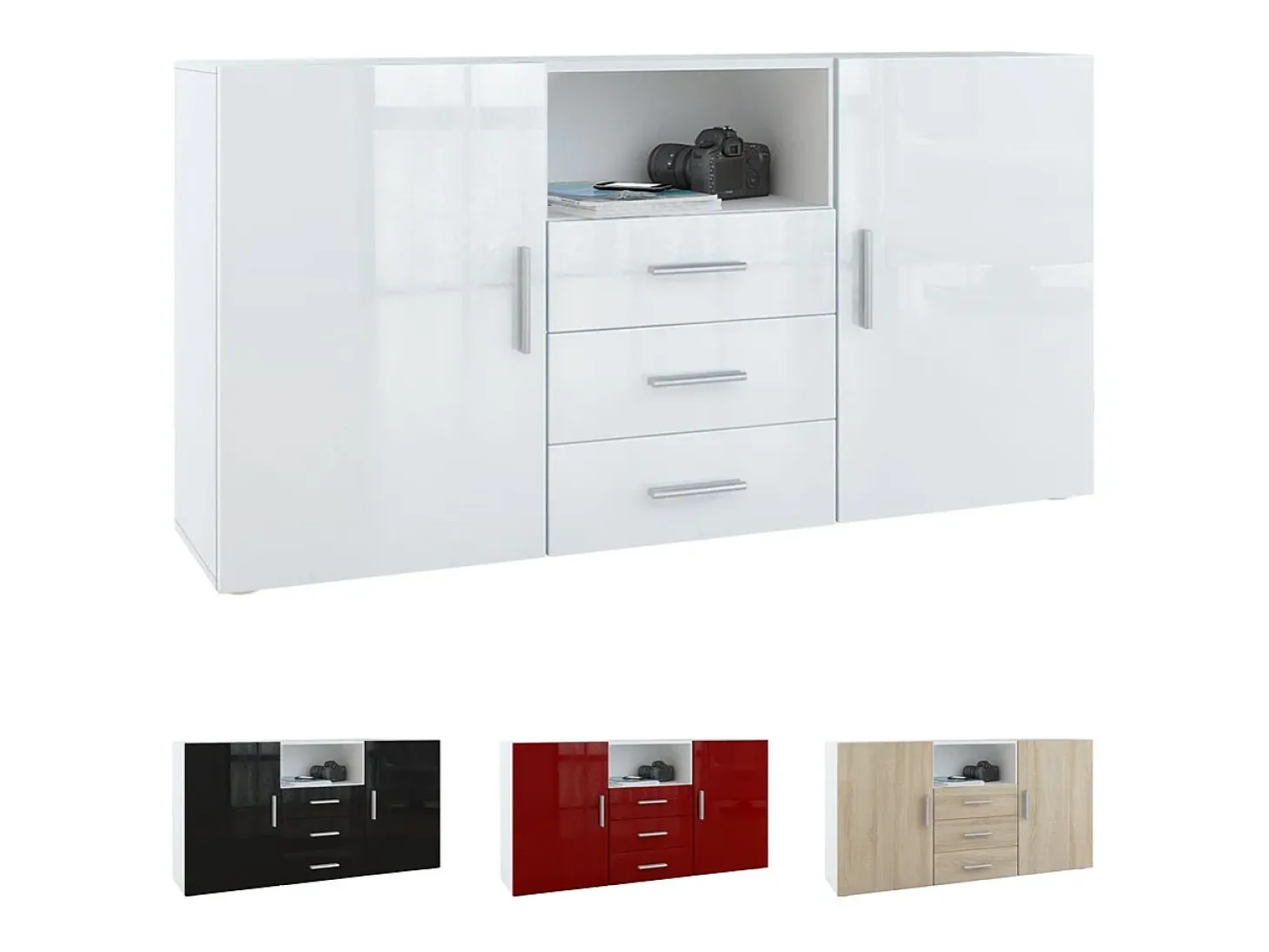 Vladon Cajonera Skadu, Cómoda con 2 Puertas, 3 Cajones y 1 Compartimento abierto, blanco mate/negro de alto brillo (139 x 72 x 35 cm)