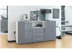 Vladon Cajonera Skadu, Cómoda con 2 Puertas, 3 Cajones y 1 Compartimento abierto, blanco mate/gris de alto brillo (139 x 72 x 35 cm)