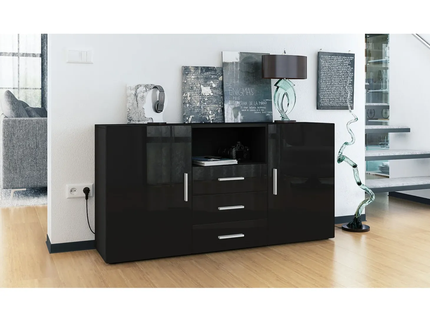 Vladon Cajonera Skadu, Cómoda con 2 Puertas, 3 Cajones y 1 Compartimento abierto, negro mate/negro de alto brillo (138,5 x 71,5 x 35 cm)