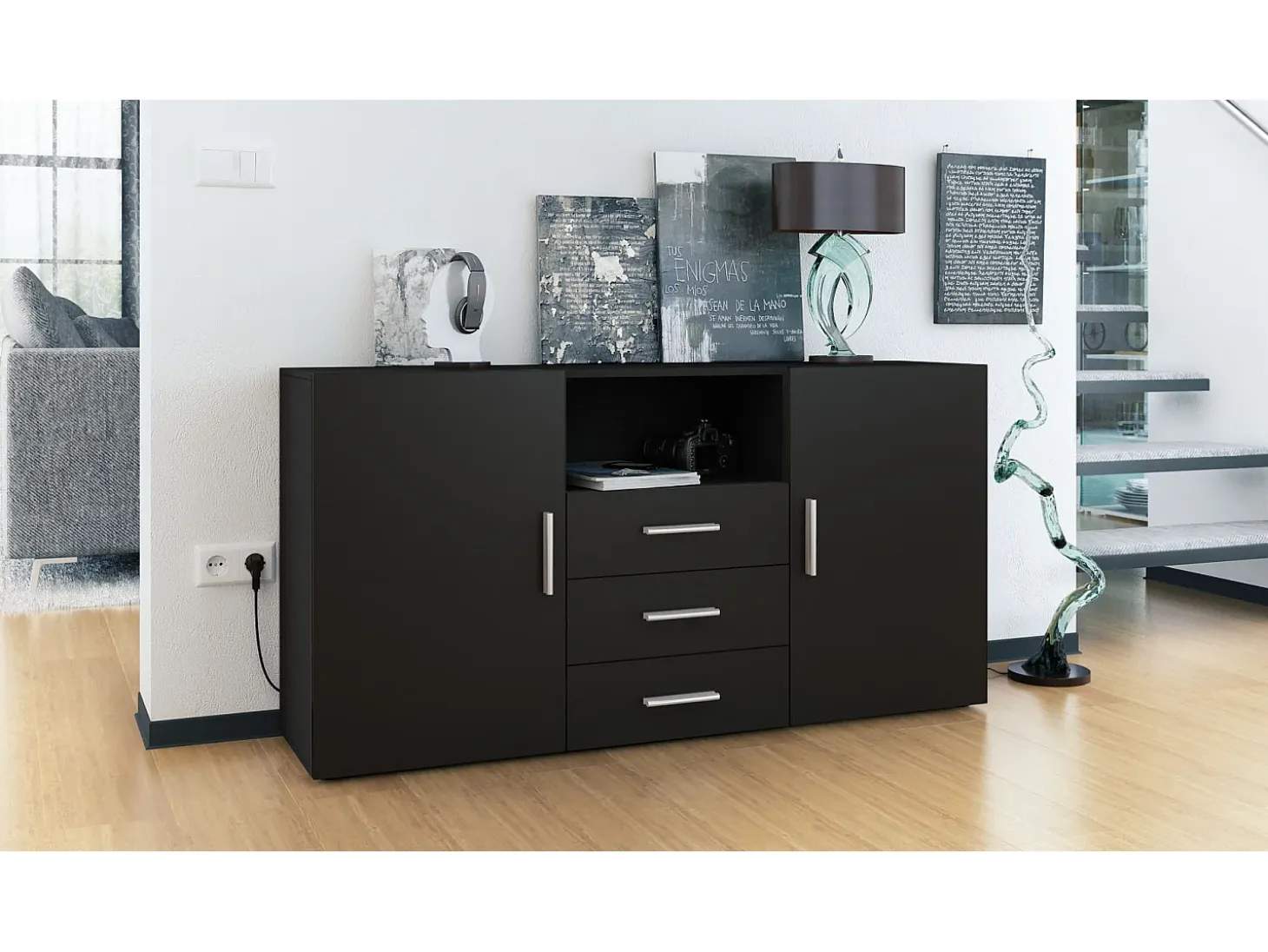 Vladon Cajonera Skadu, Cómoda con 2 Puertas, 3 Cajones y 1 Compartimento abierto, negro mate/negro mate (138,5 x 71,5 x 35 cm)