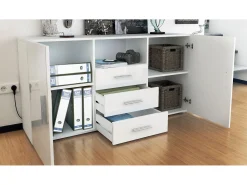 Vladon Cajonera Skadu, Cómoda con 2 Puertas, 3 Cajones y 1 Compartimento abierto, blanco mate/burdeos de alto brillo (139 x 72 x 35 cm)