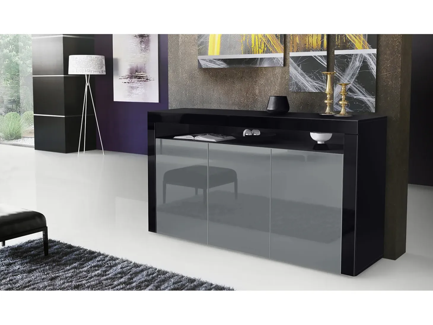Vladon Cajonera Valencia, Cómoda con 3 Puertas y 1 Compartimento abierto, Negro mate/gris de alto brillo/negro de alto brillo (155 x 92 x 40 cm)