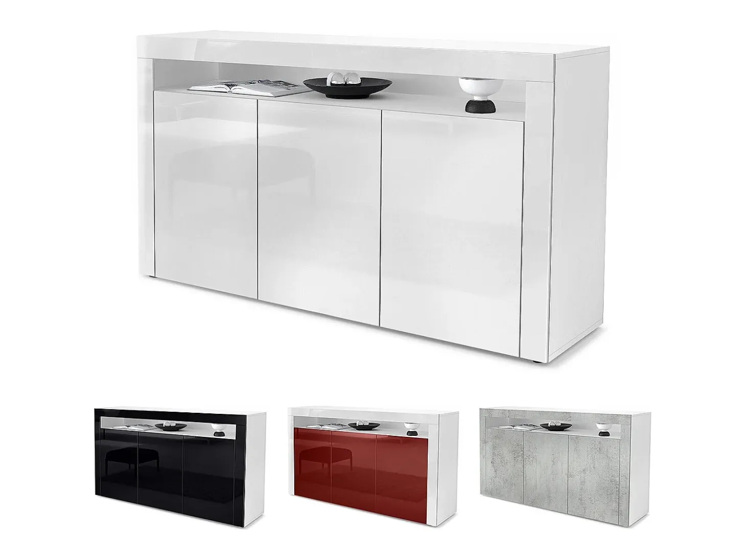 Vladon Cajonera Valencia, Cómoda con 3 Puertas y 1 Compartimento abierto, Blanco mate/zarzamora de alto brillo/zarzamora de alto brillo (155 x 92 x 40 cm)