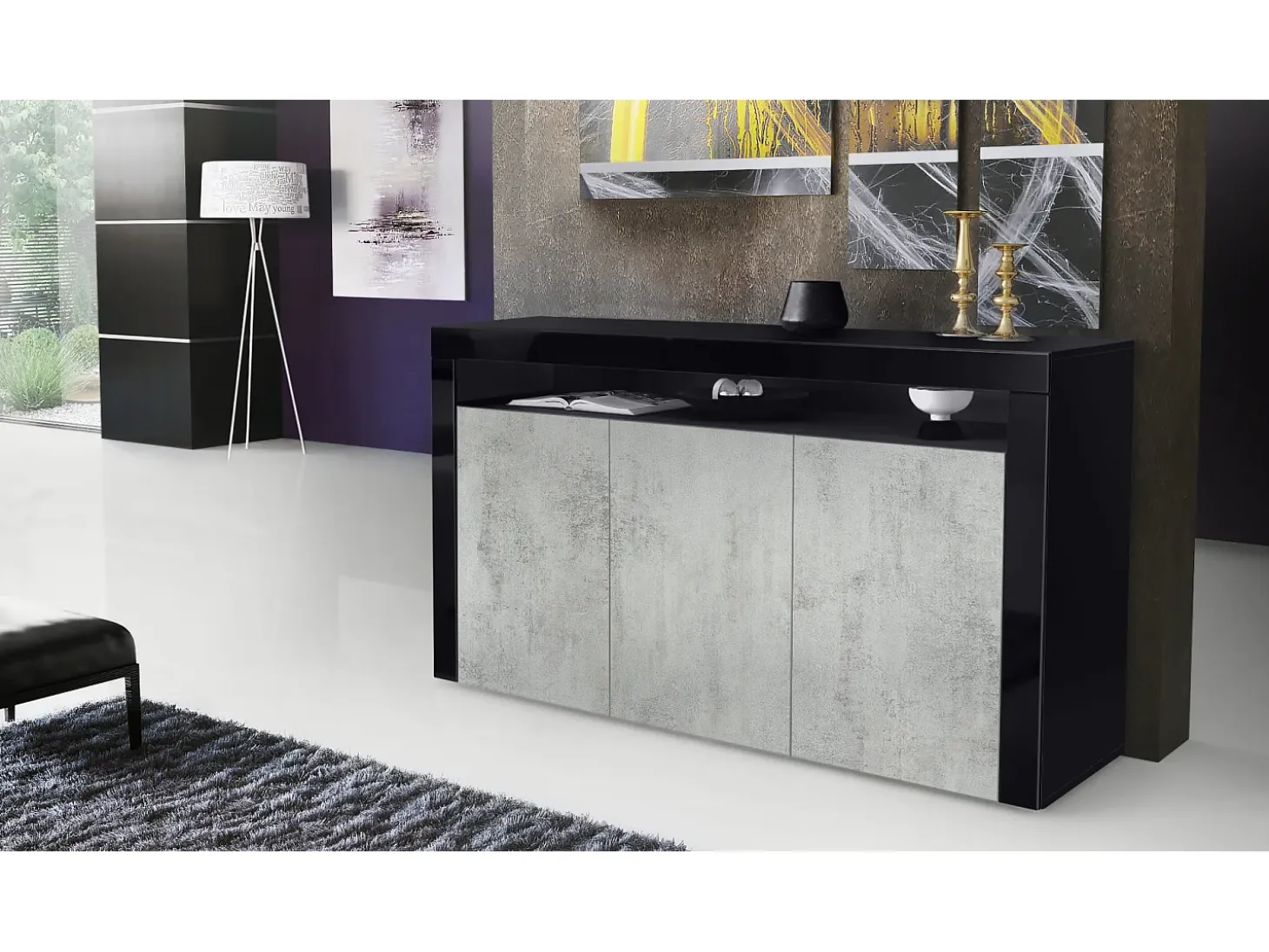 Vladon Cajonera Valencia, Cómoda con 3 Puertas y 1 Compartimento abierto, Negro mate/hormigón oxidado/negro de alto brillo (155 x 92 x 40 cm)