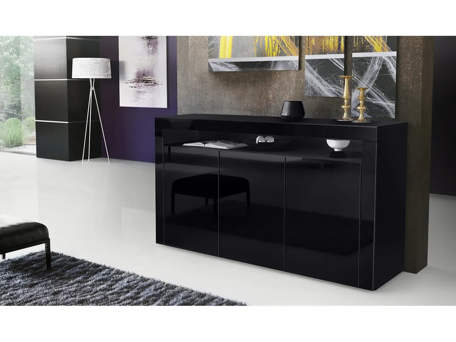 Vladon Cajonera Valencia, Cómoda con 3 Puertas y 1 Compartimento abierto, Negro mate/negro de alto brillo/negro de alto brillo (155 x 92 x 40 cm)