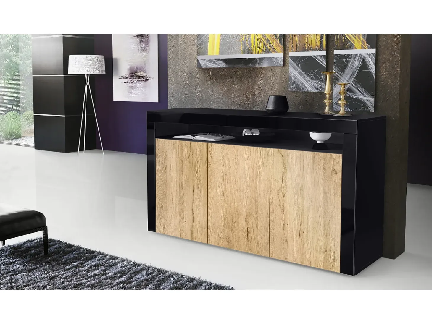 Vladon Cajonera Valencia, Cómoda con 3 Puertas y 1 Compartimento abierto, Negro mate/roble natural/negro de alto brillo (155 x 92 x 40 cm)