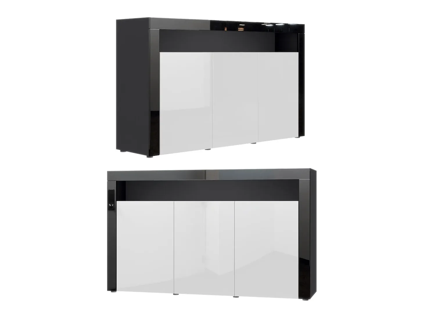 Vladon Cajonera Valencia, Cómoda con 3 Puertas y 1 Compartimento abierto, Negro mate/blanco de alto brillo/blanco de alto brillo (155 x 92 x 40 cm)