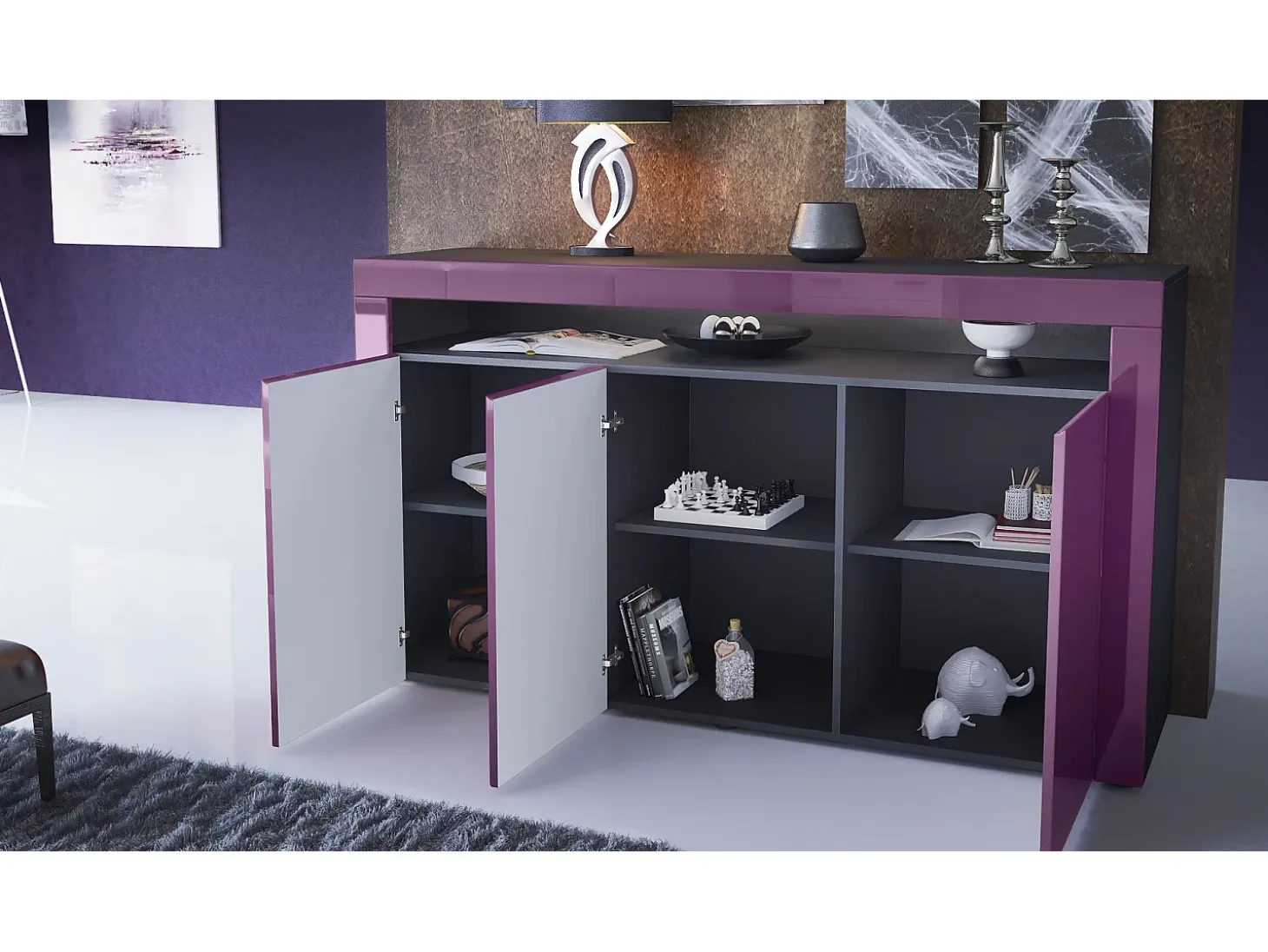Vladon Cajonera Valencia, Cómoda con 3 Puertas y 1 Compartimento abierto, Negro mate/gris arena de alto brillo/gris arena de alto brillo (155 x 92 x 40 cm)