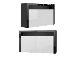 Vladon Cajonera Valencia, Cómoda con 3 Puertas y 1 Compartimento abierto, Negro mate/gris arena de alto brillo/gris arena de alto brillo (155 x 92 x 40 cm)