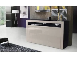 Vladon Cajonera Valencia, Cómoda con 3 Puertas y 1 Compartimento abierto, Negro mate/gris arena de alto brillo/gris arena de alto brillo (155 x 92 x 40 cm)