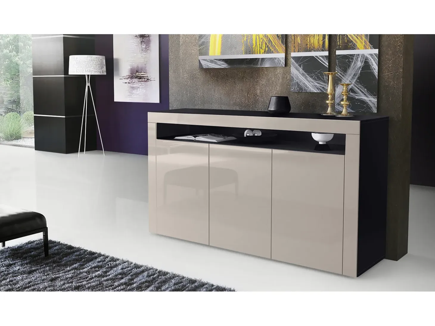 Vladon Cajonera Valencia, Cómoda con 3 Puertas y 1 Compartimento abierto, Negro mate/gris arena de alto brillo/gris arena de alto brillo (155 x 92 x 40 cm)