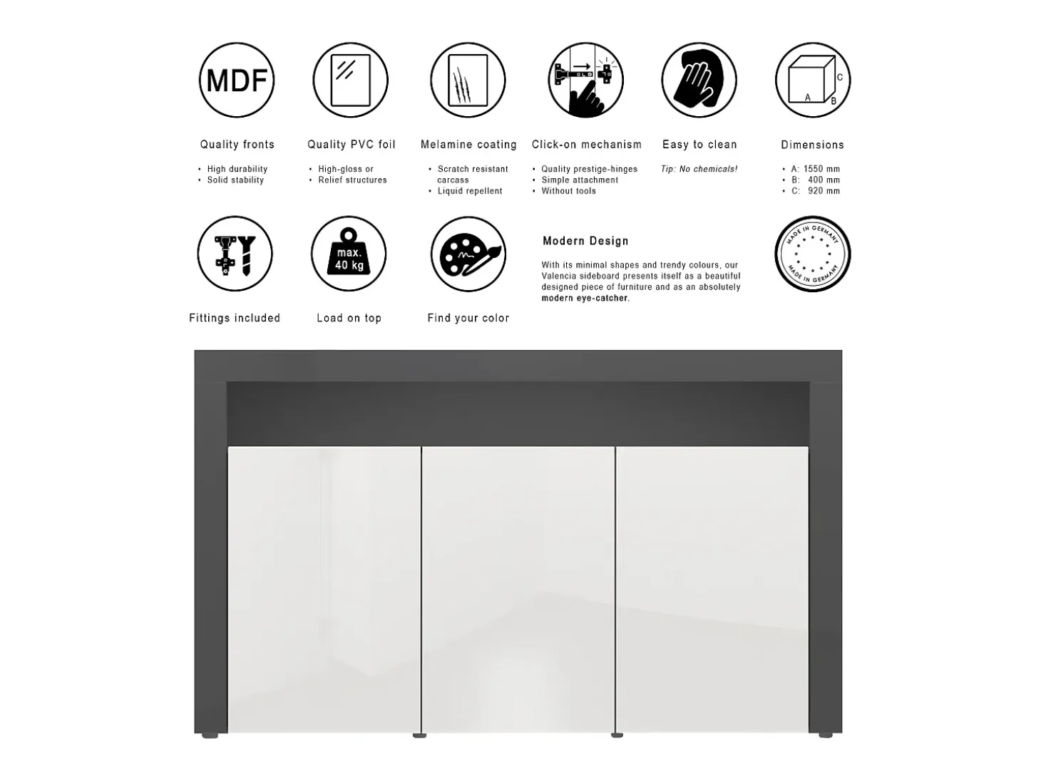 Vladon Cajonera Valencia, Cómoda con 3 Puertas y 1 Compartimento abierto, Negro mate/gris arena de alto brillo/gris arena de alto brillo (155 x 92 x 40 cm)