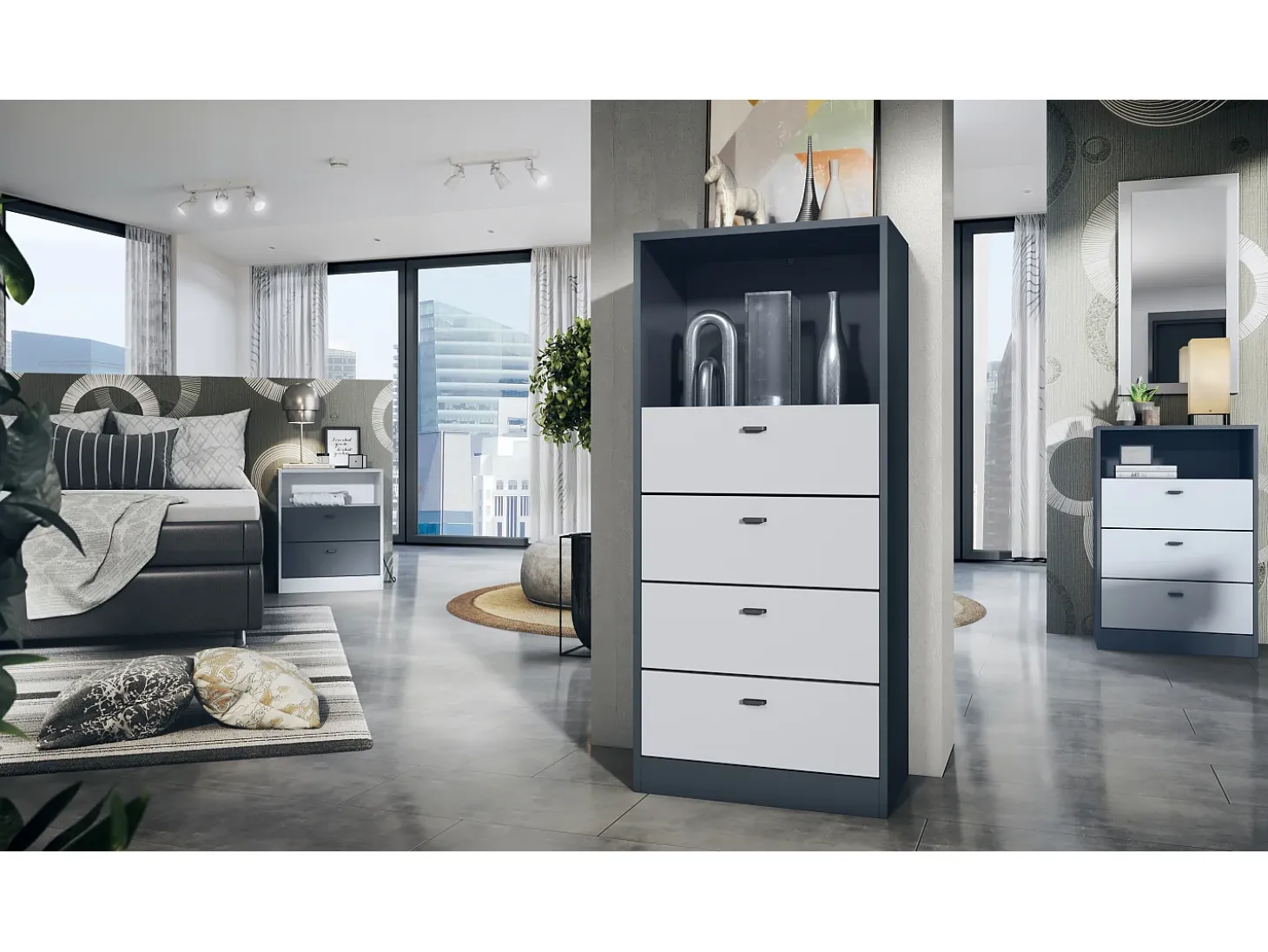 Vladon cómoda Pino V3, aparador con 4 cajones y 1 compartimento abierto, antracita mate/Blanco mate sin LED (56 x 125 x 36 cm)