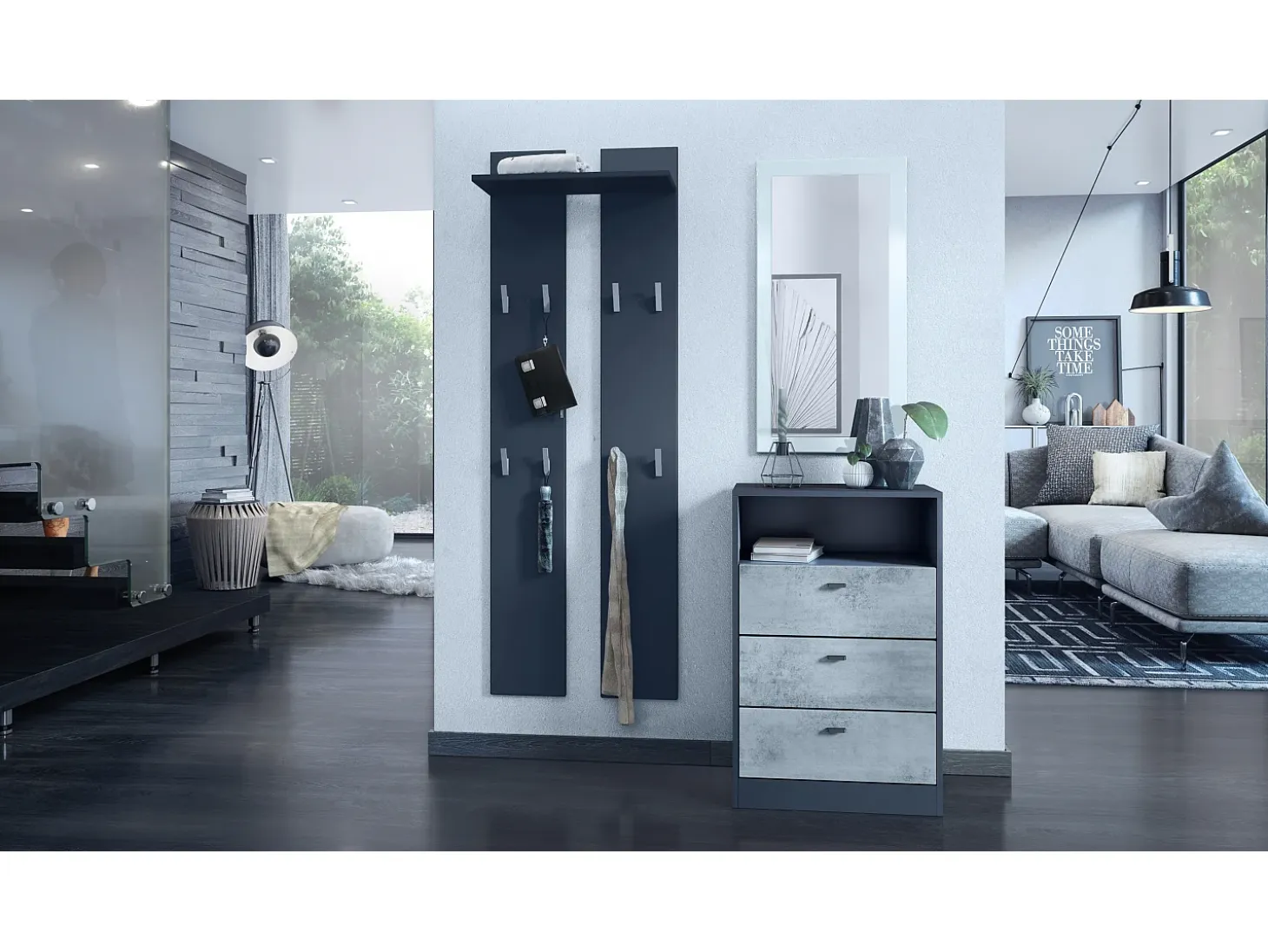 Vladon cómoda Pino V2, aparador con 3 cajones y 1 compartimento abierto, antracita mate/Hormigón oxidado sin LED (56 x 86,5 x 36 cm)