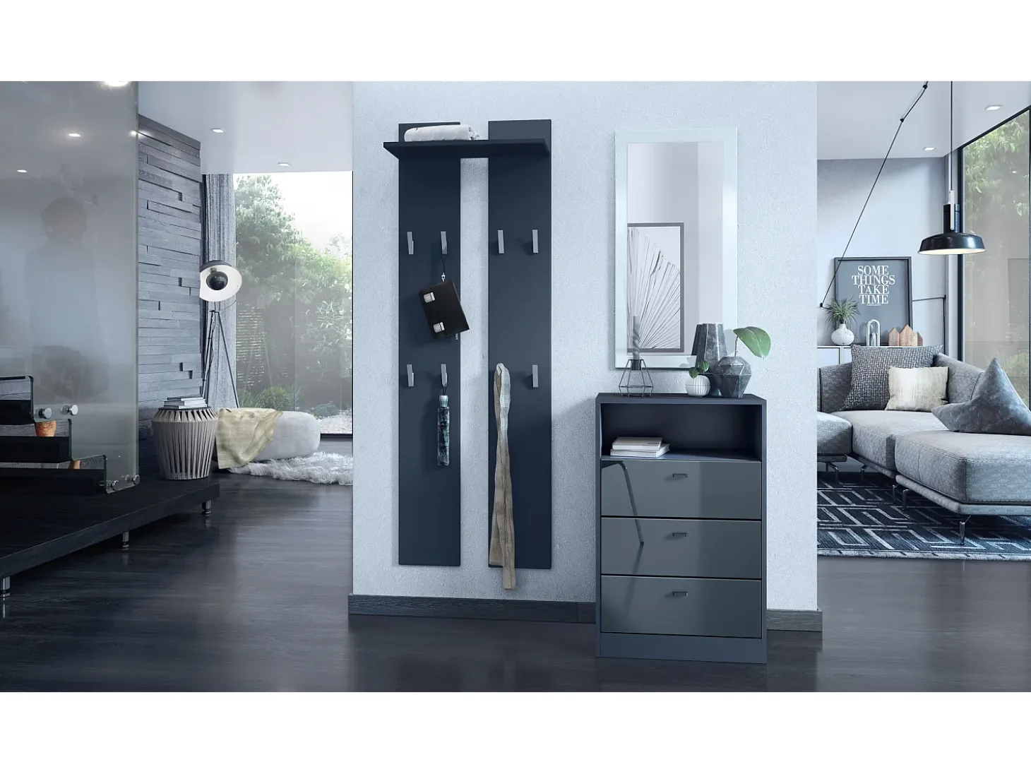 Vladon cómoda Pino V2, aparador con 3 cajones y 1 compartimento abierto, antracita mate/Gris de alto brillo sin LED (56 x 86,5 x 36 cm)