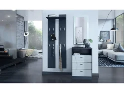 Vladon cómoda Pino V2, aparador con 3 cajones y 1 compartimento abierto, antracita mate/Blanco de alto brillo sin LED (56 x 86,5 x 36 cm)