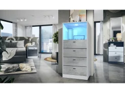 Vladon cómoda Pino V3, aparador con 4 cajones y 1 compartimento abierto, Blanco mate/Hormigón oxidado con iluminación LED RVB (56 x 125 x 36 cm)