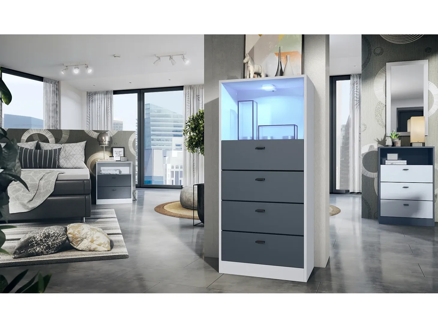 Vladon cómoda Pino V3, aparador con 4 cajones y 1 compartimento abierto, Blanco mate/undefined con iluminación LED RVB (56 x 125 x 36 cm)