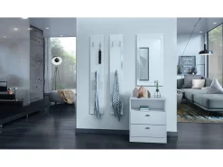 Vladon cómoda Pino V1, mesilla de noche con 2 cajones y 1 compartimento abierto, blanco mate/Blanco mate sin LED (56 x 67,5 x 36 cm)