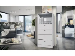 Vladon cómoda Pino V1, mesilla de noche con 2 cajones y 1 compartimento abierto, blanco mate/Gris de alto brillo con iluminación LED RVB (56 x 67,5 x 36 cm)