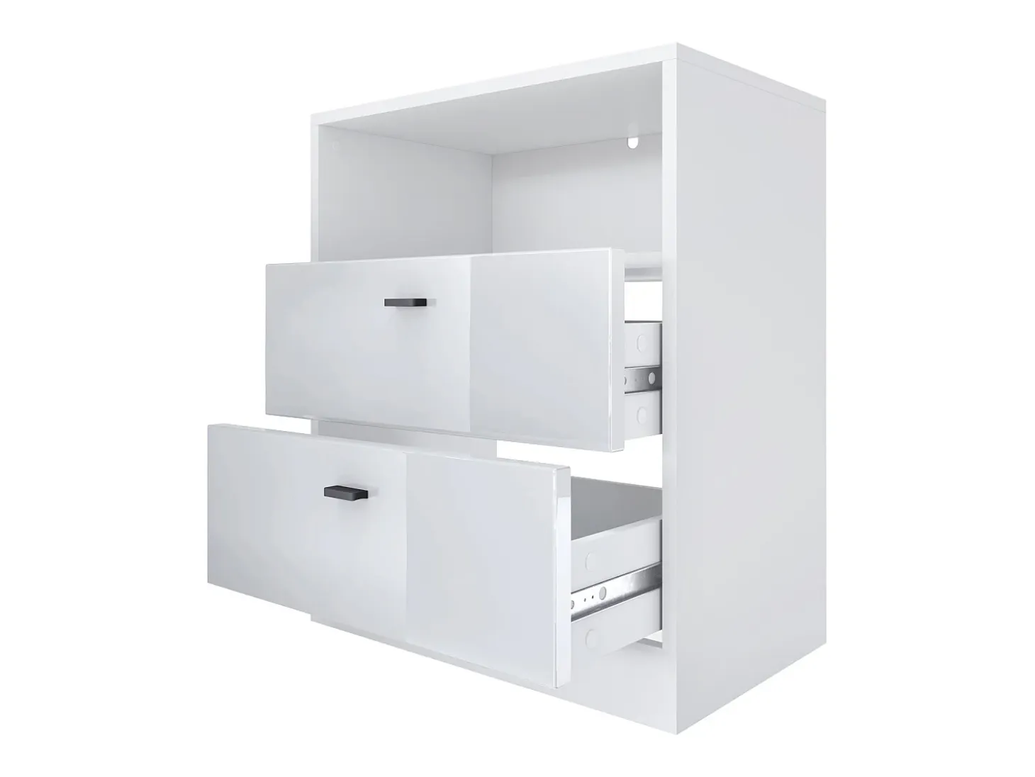 Vladon cómoda Pino V1, mesilla de noche con 2 cajones y 1 compartimento abierto, blanco mate/Gris de alto brillo con iluminación LED RVB (56 x 67,5 x 36 cm)