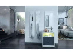 Vladon cómoda Pino V1, mesilla de noche con 2 cajones y 1 compartimento abierto, blanco mate/undefined con iluminación LED RVB (56 x 67,5 x 36 cm)