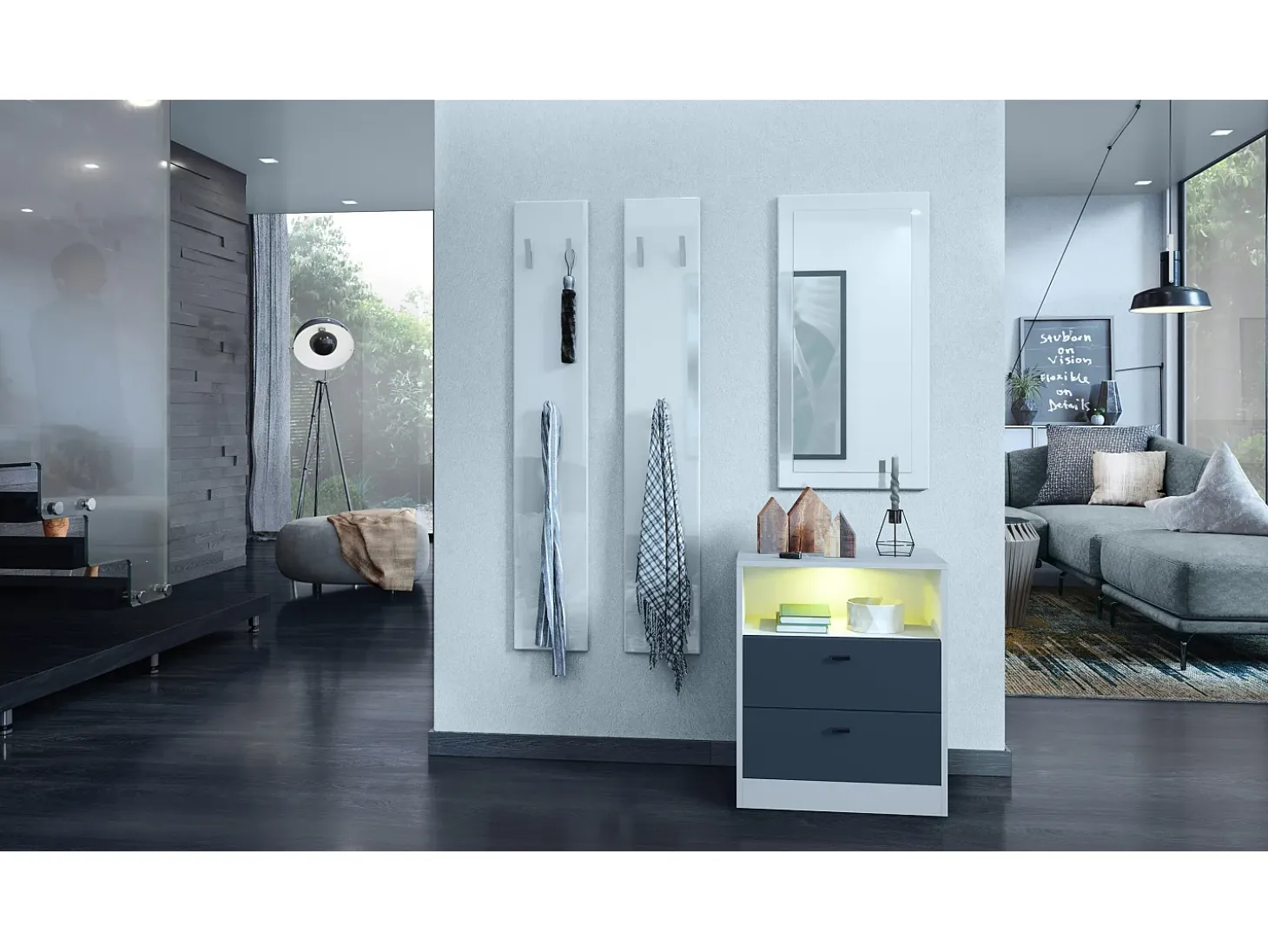 Vladon cómoda Pino V1, mesilla de noche con 2 cajones y 1 compartimento abierto, blanco mate/undefined con iluminación LED RVB (56 x 67,5 x 36 cm)