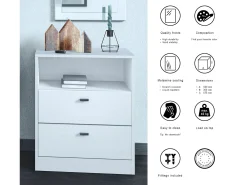 Vladon cómoda Pino V1, mesilla de noche con 2 cajones y 1 compartimento abierto, blanco mate/Blanco mate con iluminación LED RVB (56 x 67,5 x 36 cm)