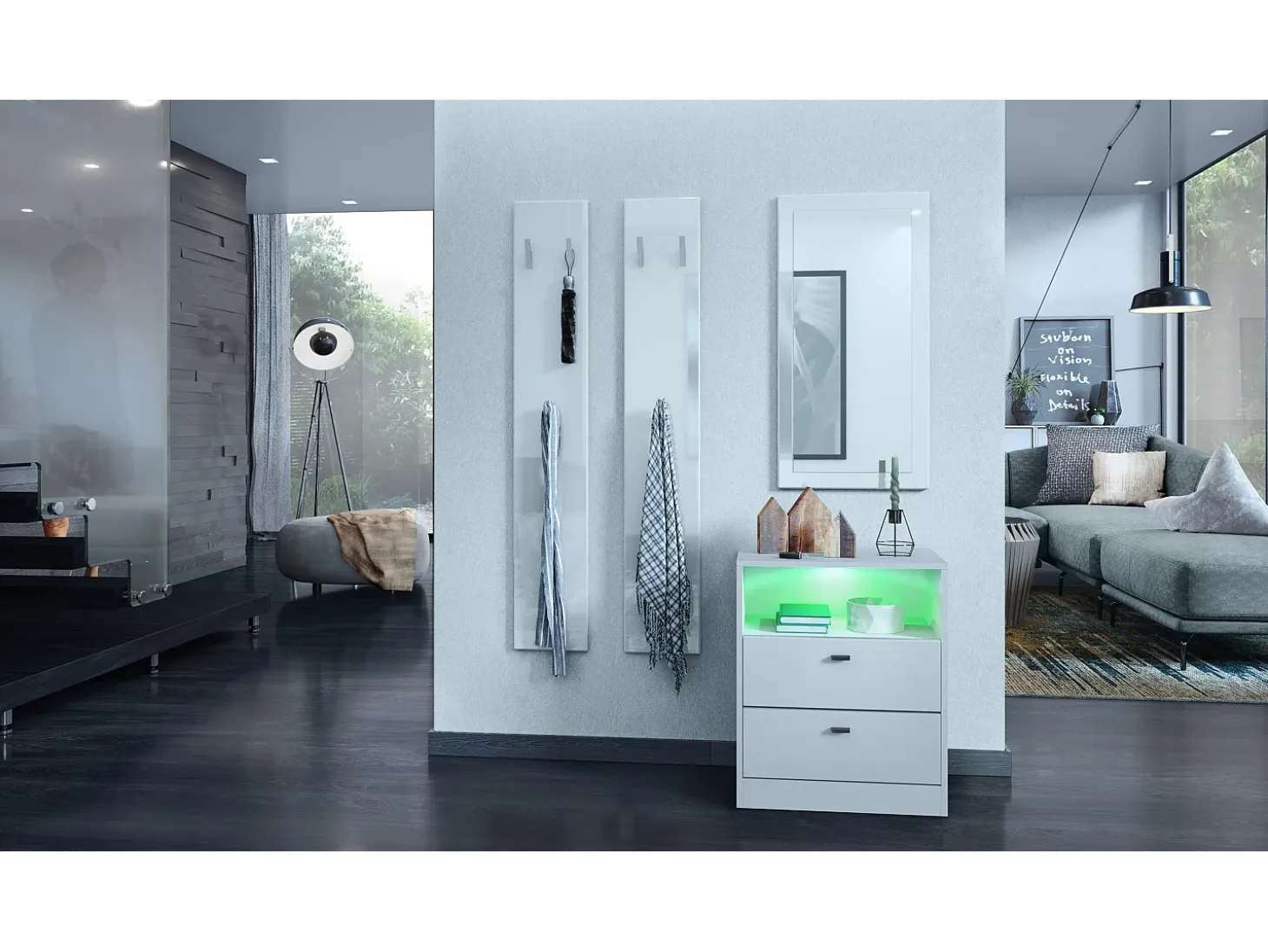 Vladon cómoda Pino V1, mesilla de noche con 2 cajones y 1 compartimento abierto, blanco mate/Blanco mate con iluminación LED RVB (56 x 67,5 x 36 cm)