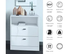 Vladon cómoda Pino V1, mesilla de noche con 2 cajones y 1 compartimento abierto, blanco mate/Negro de alto brillo sin LED (56 x 67,5 x 36 cm)