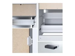 Vladon cómoda Pino V1, mesilla de noche con 2 cajones y 1 compartimento abierto, blanco mate/Roble natural con iluminación LED RVB (56 x 67,5 x 36 cm)