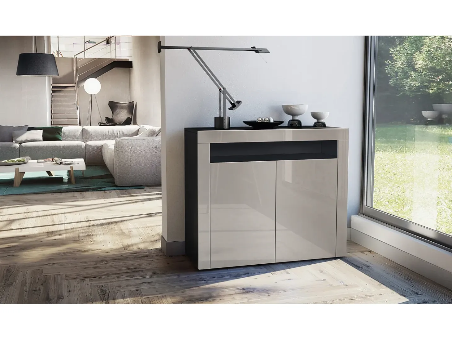 Vladon Cómoda Valencia, Cajonera con 2 Puertas y 1 Compartimento abierto, Negro mate/gris arena de alto brillo/gris arena de alto brillo (108 x 92 x 40 cm)