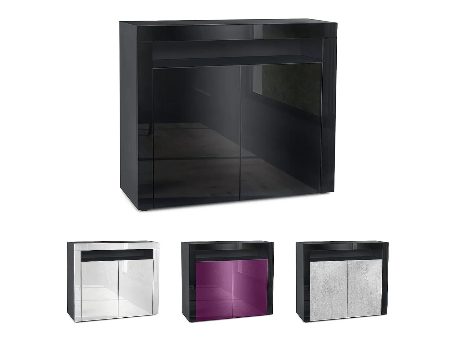 Vladon Cómoda Valencia, Cajonera con 2 Puertas y 1 Compartimento abierto, Negro mate/burdeos de alto brillo/negro de alto brillo (108 x 92 x 40 cm)