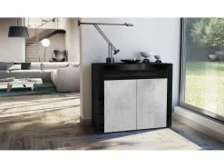 Vladon Cómoda Valencia, Cajonera con 2 Puertas y 1 Compartimento abierto, Negro mate/hormigón oxidado/negro de alto brillo (108 x 92 x 40 cm)