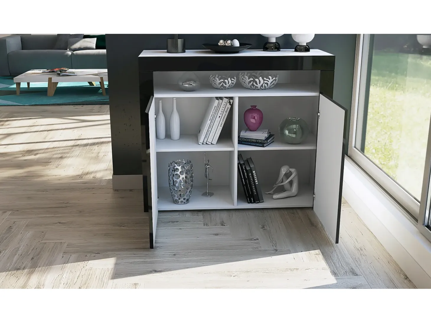 Vladon Cómoda Valencia, Cajonera con 2 Puertas y 1 Compartimento abierto, Blanco mate/gris arena de alto brillo/blanco de alto brillo (108 x 92 x 40 cm)