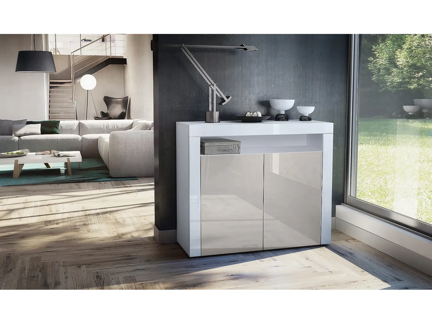 Vladon Cómoda Valencia, Cajonera con 2 Puertas y 1 Compartimento abierto, Blanco mate/gris arena de alto brillo/blanco de alto brillo (108 x 92 x 40 cm)