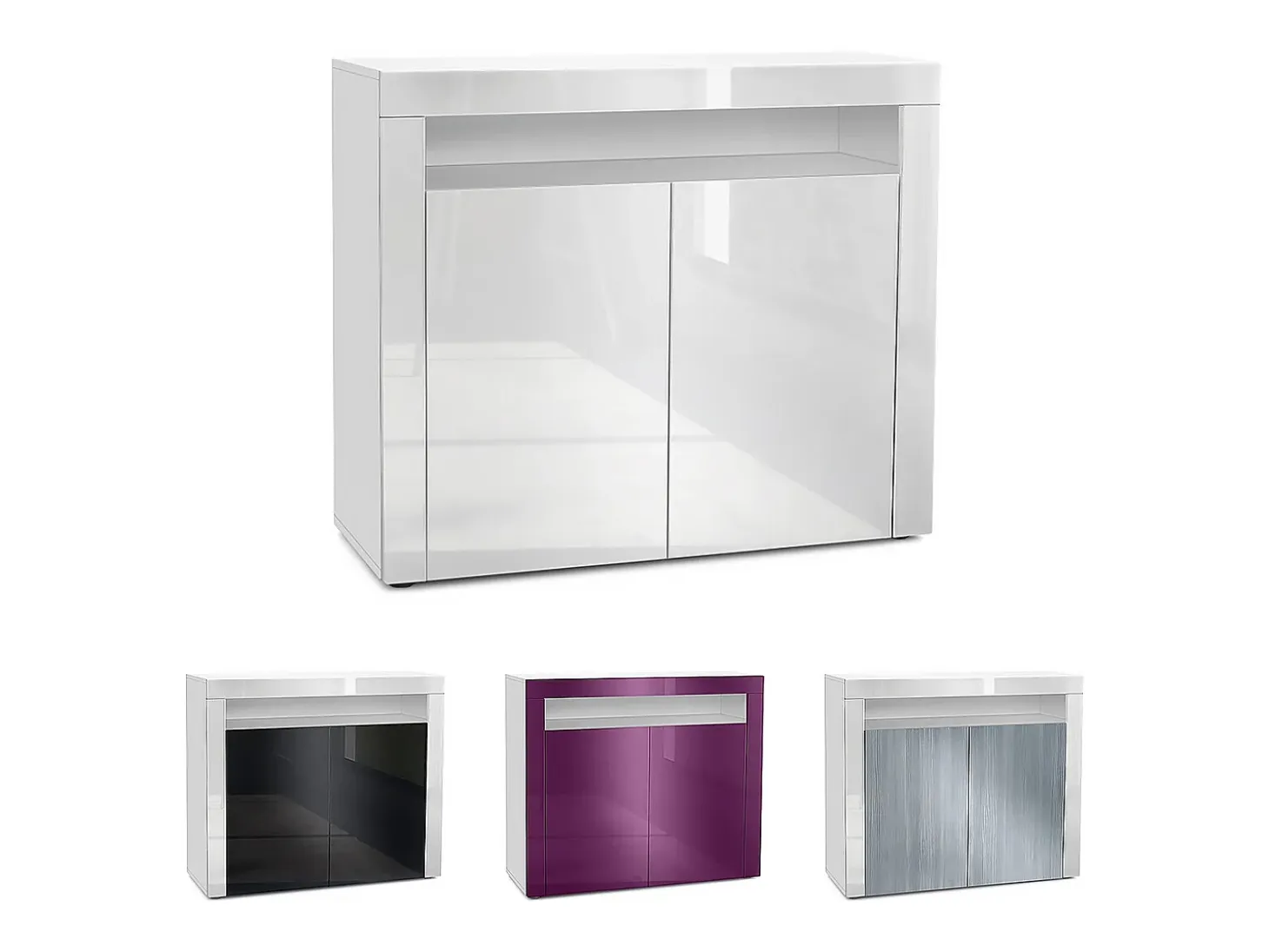 Vladon Cómoda Valencia, Cajonera con 2 Puertas y 1 Compartimento abierto, Blanco mate/gris arena de alto brillo/blanco de alto brillo (108 x 92 x 40 cm)