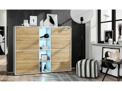 Vladon Highboard Cuba V3, blanco mate/roble natural con LED - Aparador moderno con 12 compartimentos (130,5 x 105,5 x 35,5 cm)