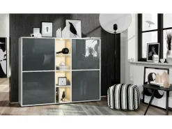 Vladon Highboard Cuba V3, blanco mate/gris de alto brillo con LED - Aparador moderno con 12 compartimentos (130,5 x 105,5 x 35,5 cm)
