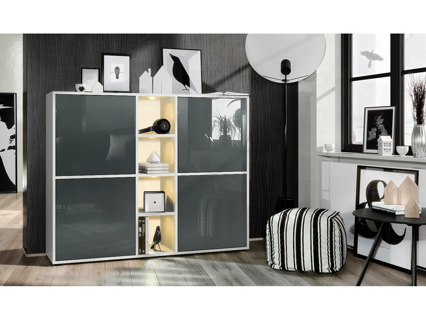 Vladon Highboard Cuba V3, blanco mate/gris de alto brillo con LED - Aparador moderno con 12 compartimentos (130,5 x 105,5 x 35,5 cm)